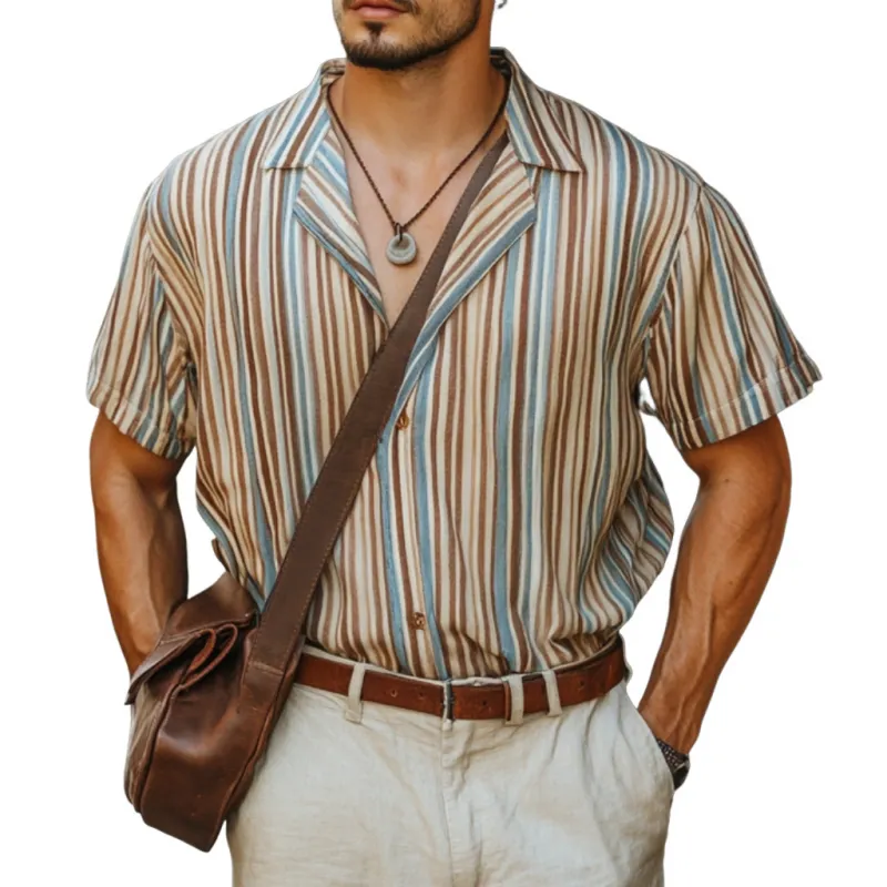 Men's Casual Colorful Striped Digital Print Cuban Collar Loose Short Sleeve Shirt MTA2345E1M sold by Manly