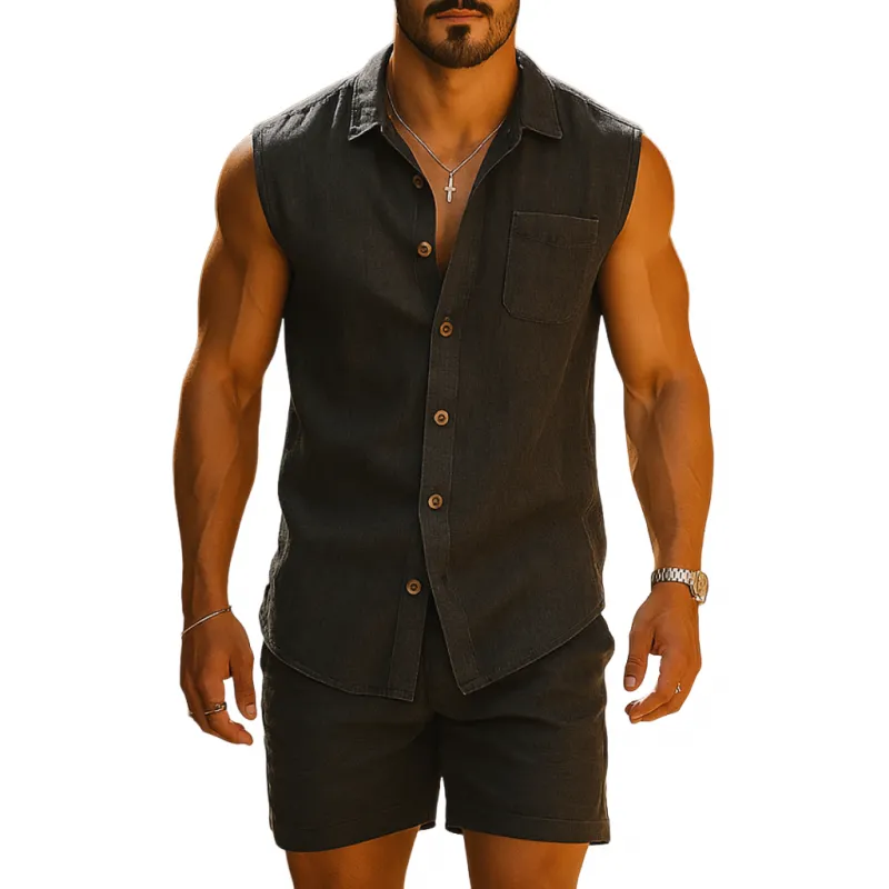 Men's Casual Breathable Cotton Washed Distressed Lapel Sleeveless Shirt Elastic Waist Shorts Vacation Set MTA2309E2M sold by Manly