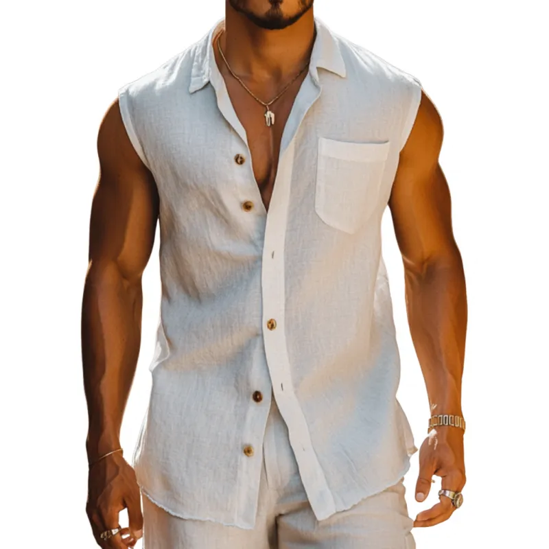 Men's Casual Breathable Cotton Lapel Patch Pocket Single Breasted Loose Sleeveless Shirt MTA2345E2M sold by Manly