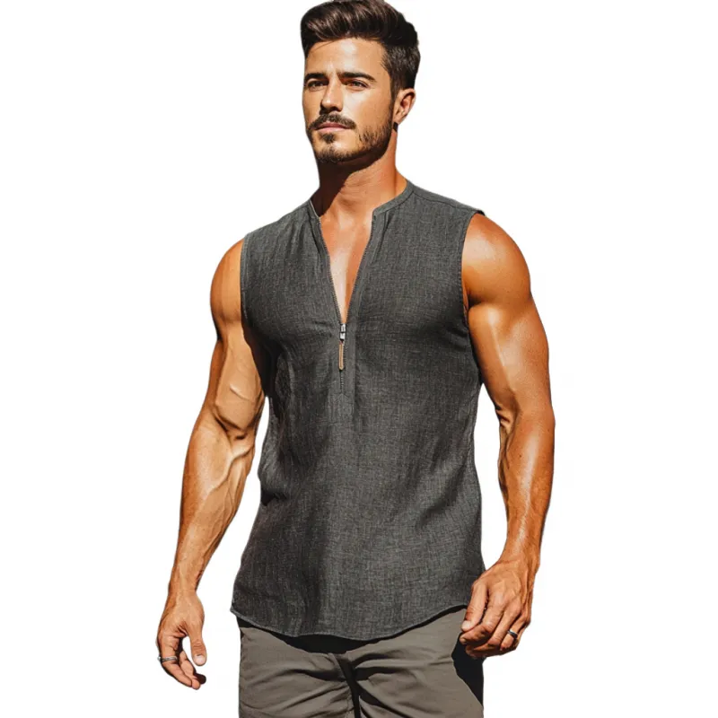 Men's Casual Breathable Linen Zipper Stand Collar Slim Tank Top MTA2381E1M sold by Manly product image thumbnail 2