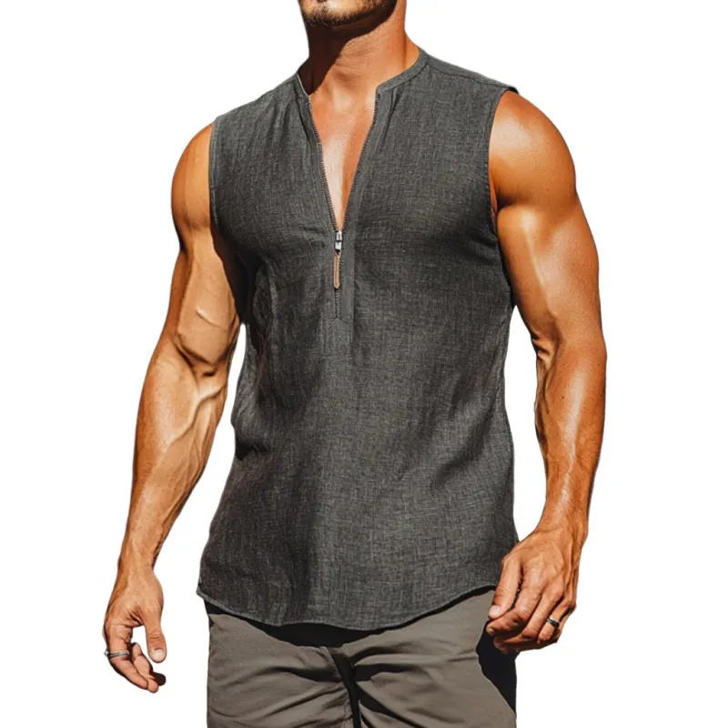 Men's Casual Breathable Linen Zipper Stand Collar Slim Tank Top MTA2381E1M sold by Manly