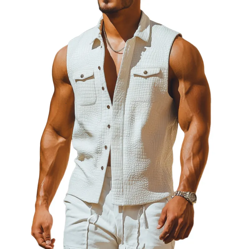 Men's Fashion Crocodile Pattern Faux Leather Lapel Chest Pocket Slim Fit Sleeveless Shirt MTA2386E5M sold by Manly