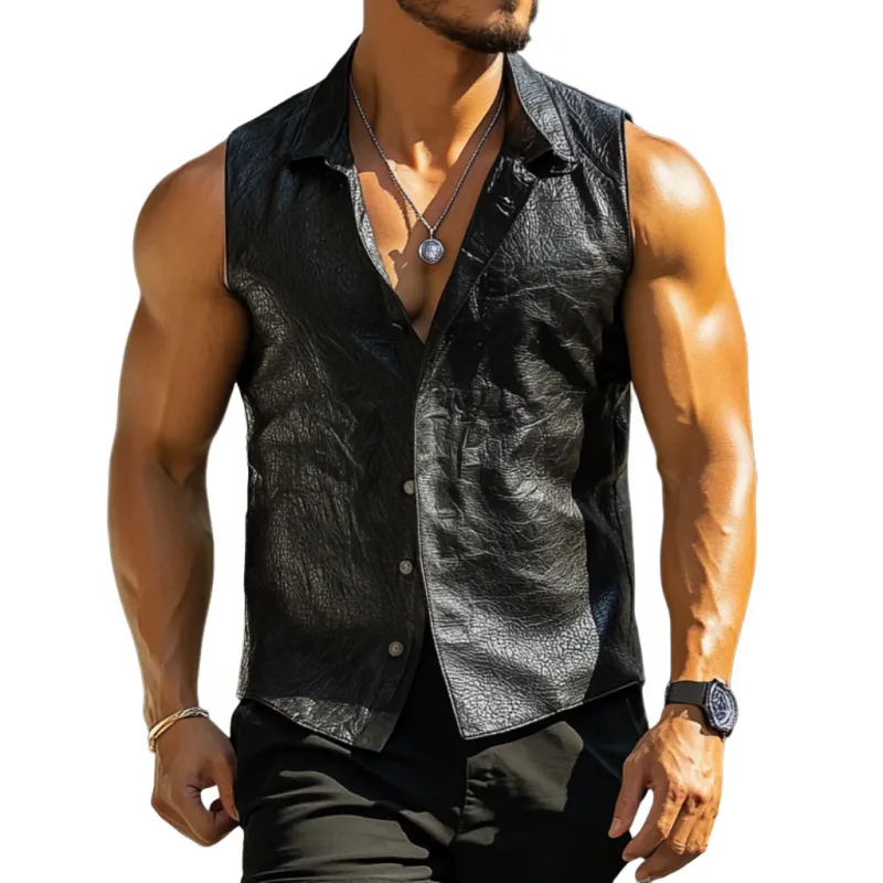 Men's Vintage Pebbled Faux Leather Lapel Slim Fit Sleeveless Shirt MTA2388E2M sold by Manly