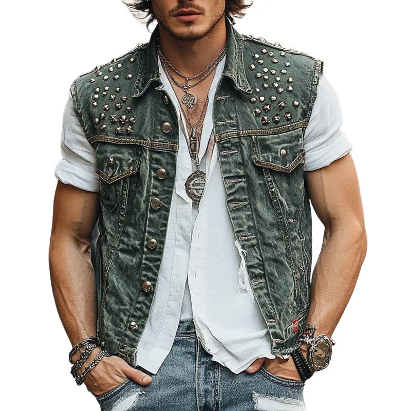 Men's Vintage Rivet Lapel Denim Vest MTA2327E9X sold by Manly