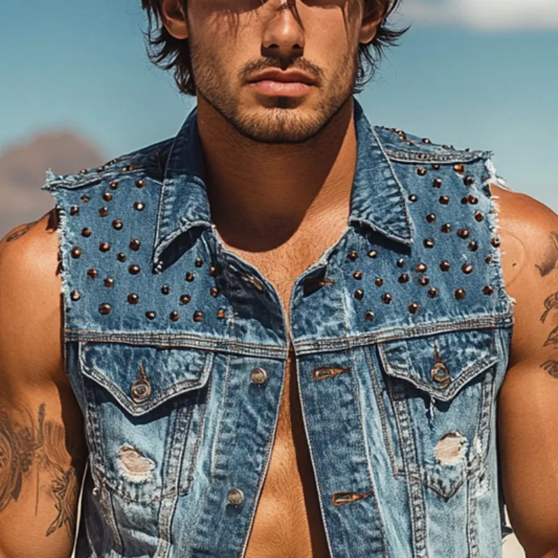 Men's Rivet Lapel Denim Single Breasted Vest MTA2322E7X sold by Manly product image thumbnail 3