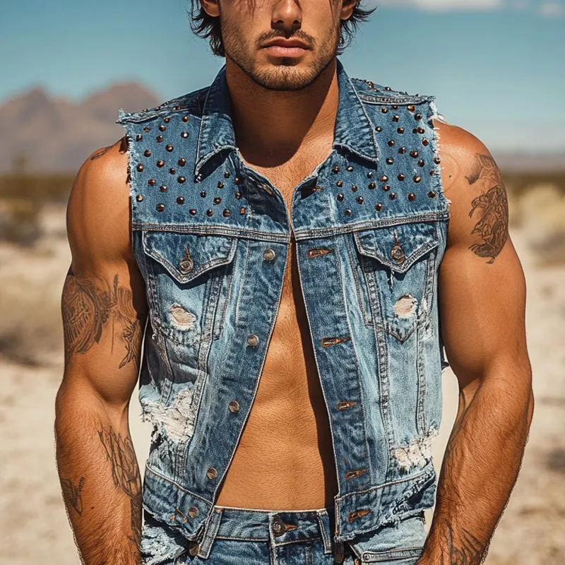 Men's Rivet Lapel Denim Single Breasted Vest MTA2322E7X sold by Manly product image thumbnail 2