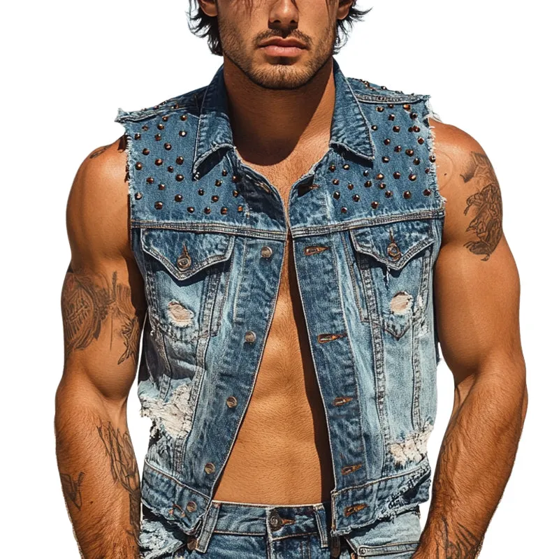 Men's Rivet Lapel Denim Single Breasted Vest MTA2322E7X sold by Manly