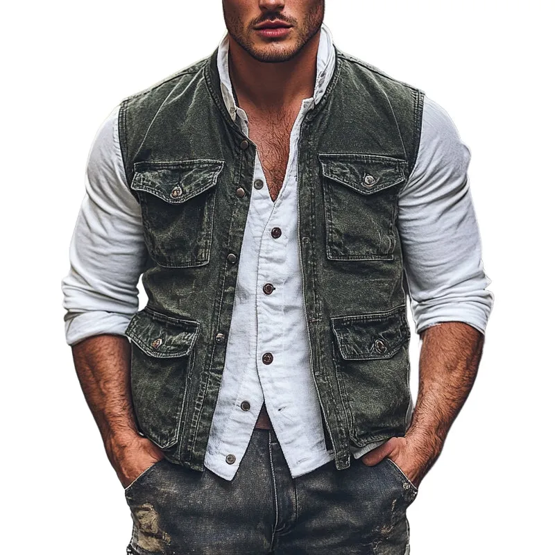 Men's Vintage Washed Round Neck Multi-Pocket Vest MTA2312E6X sold by Manly