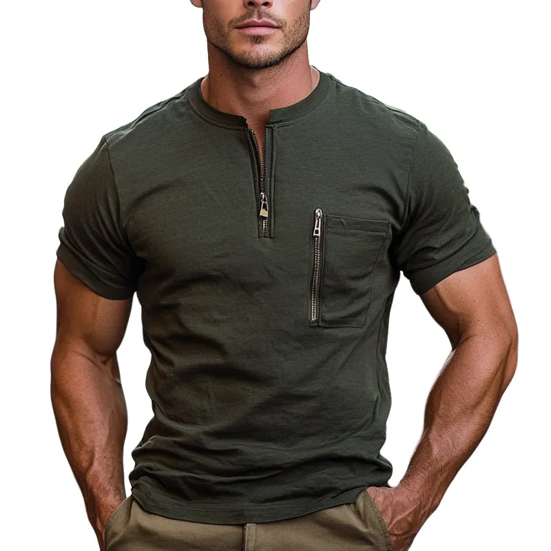 Men's Solid Color Pocket Zipper Round Neck Short Sleeve T-Shirt MTA2420E2X sold by Manly