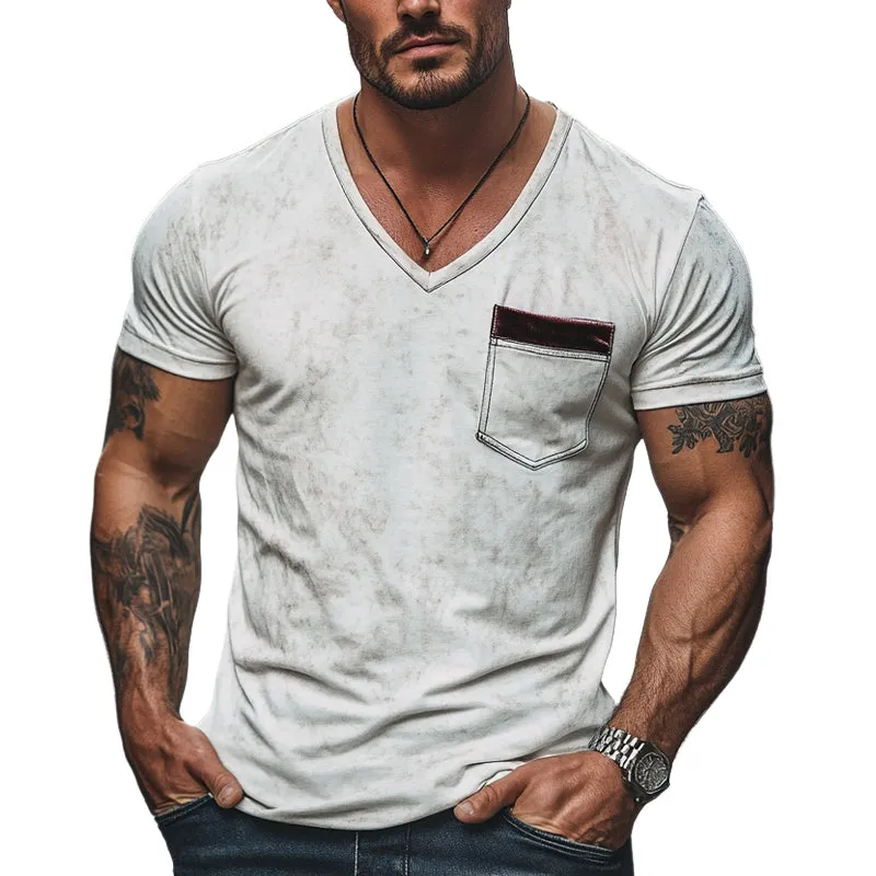 Men's Casual Pocket Contrast Color V-Neck Short-Sleeved T-Shirt MTA2448E7X sold by Manly