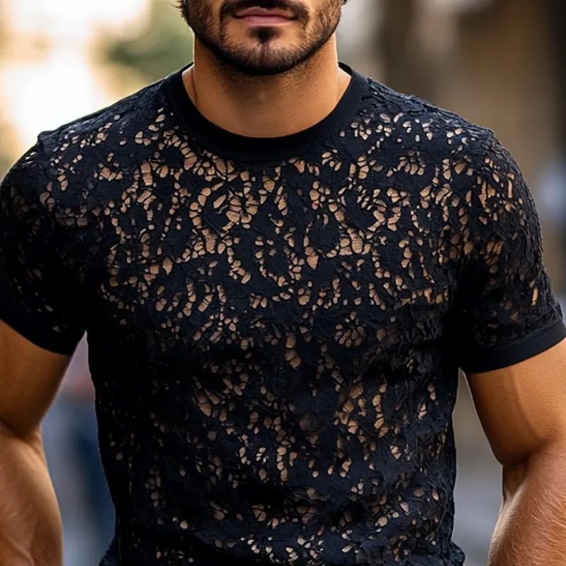 Men's Fashion Lace Round Neck Short Sleeve Slim Fit T-shirt MTA2435E3Z sold by Manly product image thumbnail 3