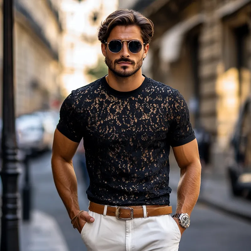 Men's Fashion Lace Round Neck Short Sleeve Slim Fit T-shirt MTA2435E3Z sold by Manly product image thumbnail 4