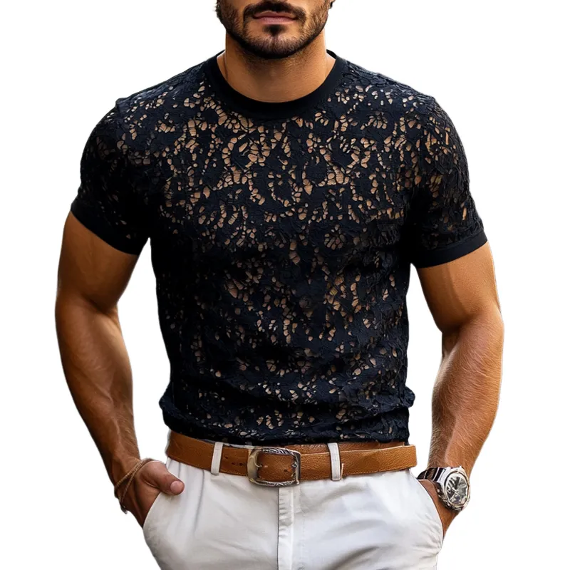 Men's Fashion Lace Round Neck Short Sleeve Slim Fit T-shirt MTA2435E3Z sold by Manly