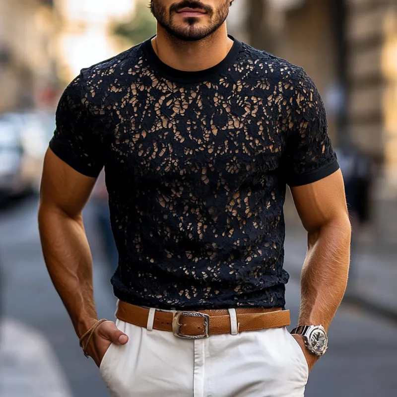 Men's Fashion Lace Round Neck Short Sleeve Slim Fit T-shirt MTA2435E3Z sold by Manly product image thumbnail 2