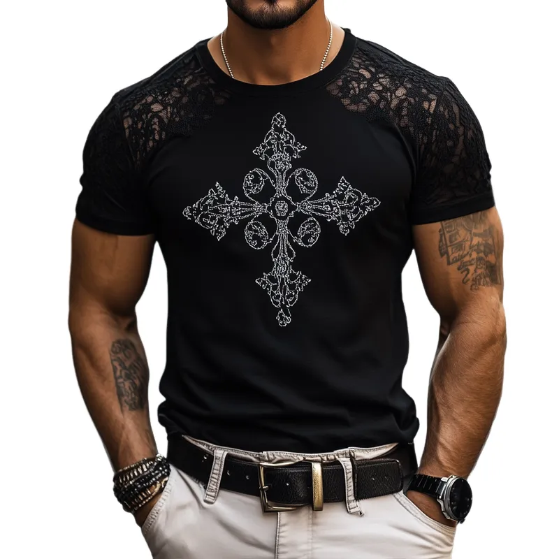 Men's Fashion Lace Stitching Cross Print Round Neck Short Sleeve T-shirt MTA2455E9Z sold by Manly