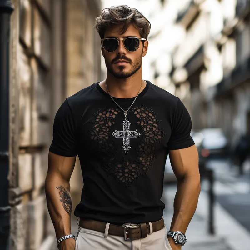 Men's Fashion Lace Stitching Cross Print Round Neck Short Sleeve T-shirt MTA2482E1Z sold by Manly product image thumbnail 4