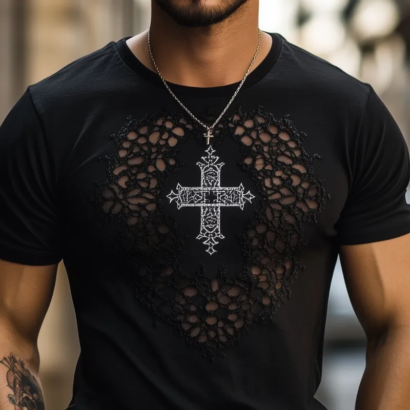 Men's Fashion Lace Stitching Cross Print Round Neck Short Sleeve T-shirt MTA2482E1Z sold by Manly product image thumbnail 3
