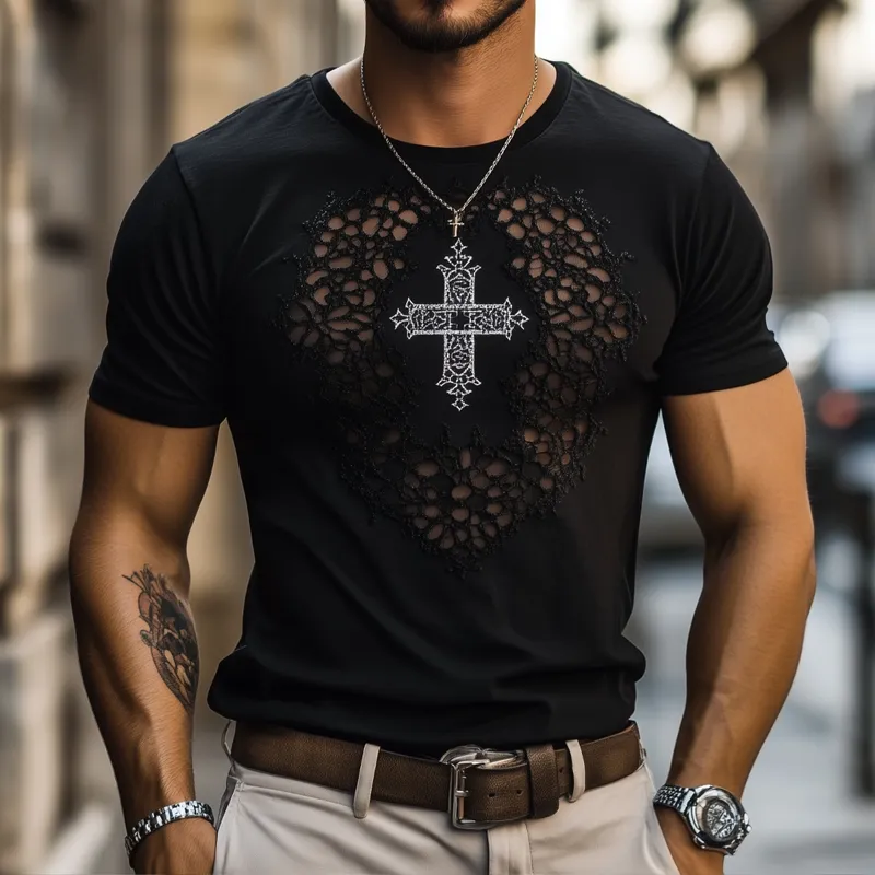 Men's Fashion Lace Stitching Cross Print Round Neck Short Sleeve T-shirt MTA2482E1Z sold by Manly product image thumbnail 2