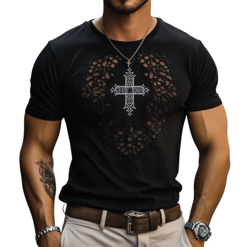 Men's Fashion Lace Stitching Cross Print Round Neck Short Sleeve T-shirt MTA2482E1Z sold by Manly
