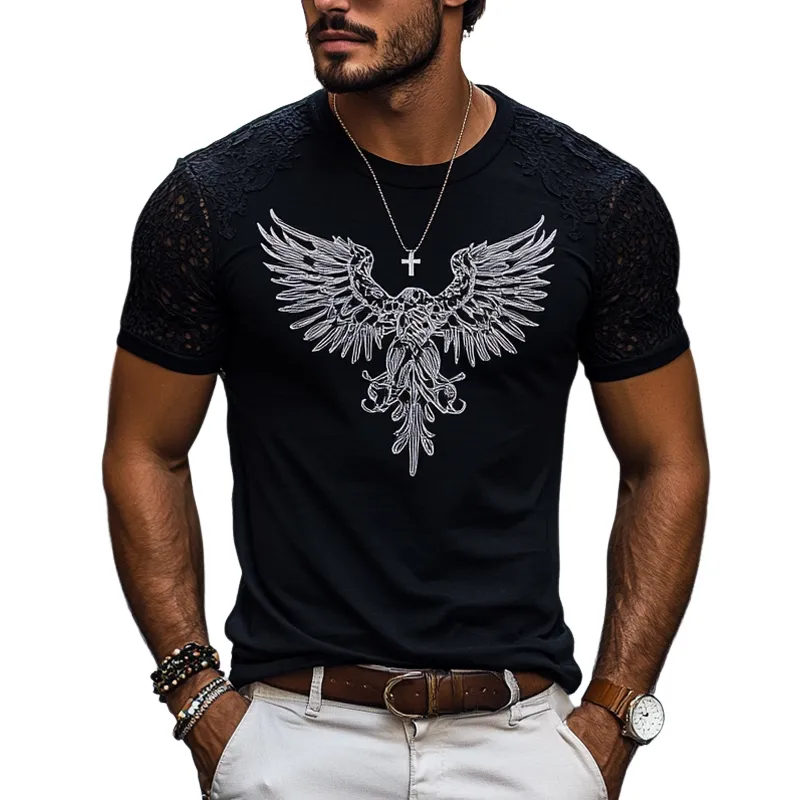 Men's Fashion Lace Stitching Wings Print Round Neck Short Sleeve T-shirt MTA2420E5Z sold by Manly
