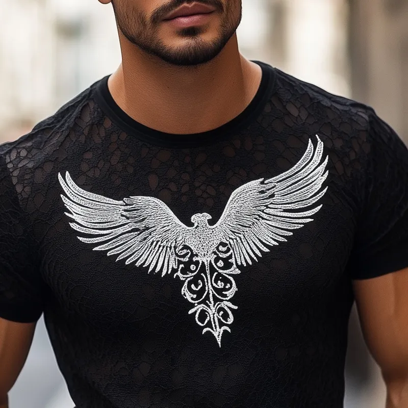 Men's Fashion Lace Stitching Wings Print Round Neck Short Sleeve T-shirt MTA2461E9Z sold by Manly product image thumbnail 4