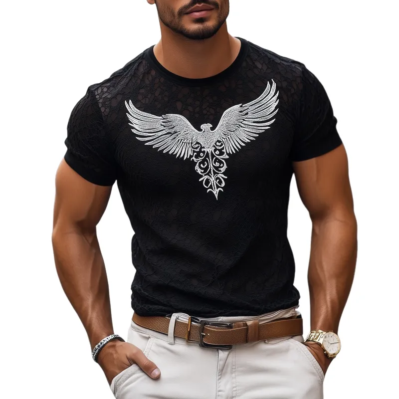 Men's Fashion Lace Stitching Wings Print Round Neck Short Sleeve T-shirt MTA2461E9Z sold by Manly