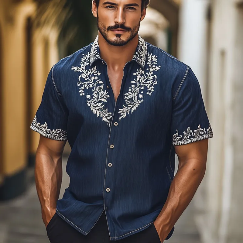 Men's Summer Vintage Silver Embroidered Denim Short Sleeve Shirt MTA2216E5U sold by Manly product image thumbnail 2