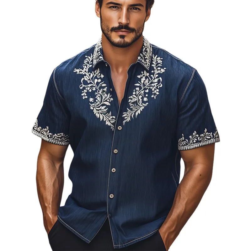 Men's Summer Vintage Silver Embroidered Denim Short Sleeve Shirt MTA2216E5U sold by Manly