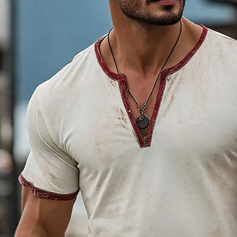 Men's Retro Casual Scratch Print V-Neck Short Sleeve T-Shirt MTA2263E0TO sold by Manly product image thumbnail 3