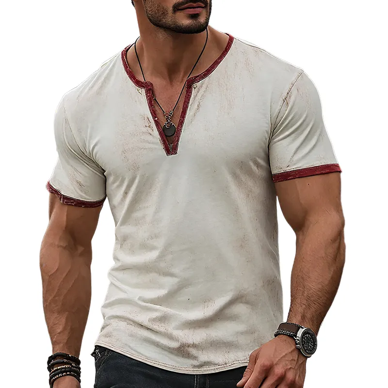 Men's Retro Casual Scratch Print V-Neck Short Sleeve T-Shirt MTA2263E0TO sold by Manly