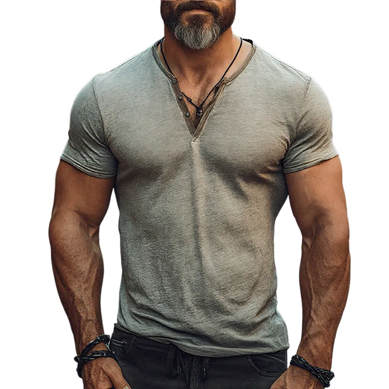 Men's Retro Casual Bamboo Cotton Washed Henley Collar Short Sleeve T-Shirt MTA2242E5TO sold by Manly