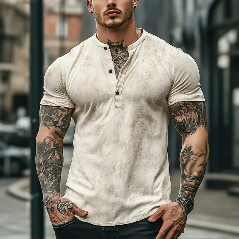 Men's Retro Casual Scratch Print Henley Neck Short Sleeve T-Shirt MTA2251E1TO sold by Manly product image thumbnail 2