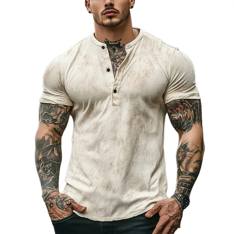 Men's Retro Casual Scratch Print Henley Neck Short Sleeve T-Shirt MTA2251E1TO sold by Manly