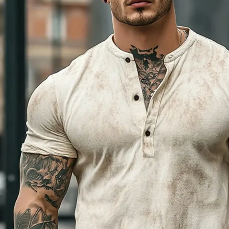 Men's Retro Casual Scratch Print Henley Neck Short Sleeve T-Shirt MTA2251E1TO sold by Manly product image thumbnail 3