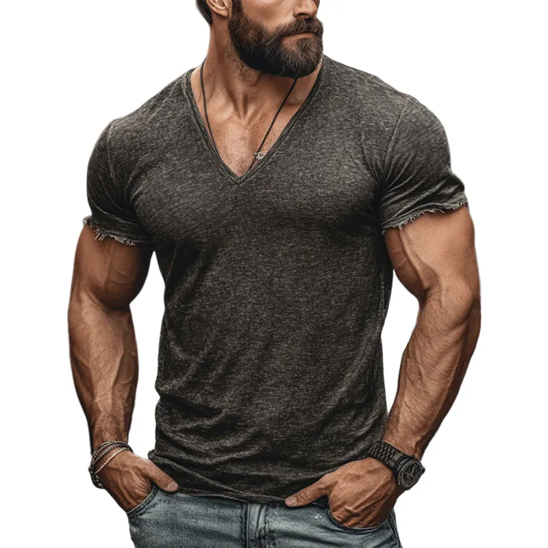 Men's Retro Casual Bamboo Cotton Raw Edge V-Neck Short Sleeve T-Shirt MTA2297E5TO sold by Manly