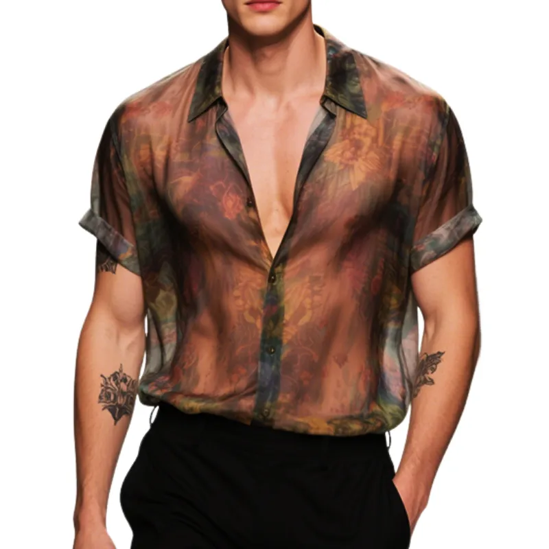 Men's Retro Casual Floral Printed Mesh Lapel Short Sleeve Shirt MTA2297E7TO sold by Manly