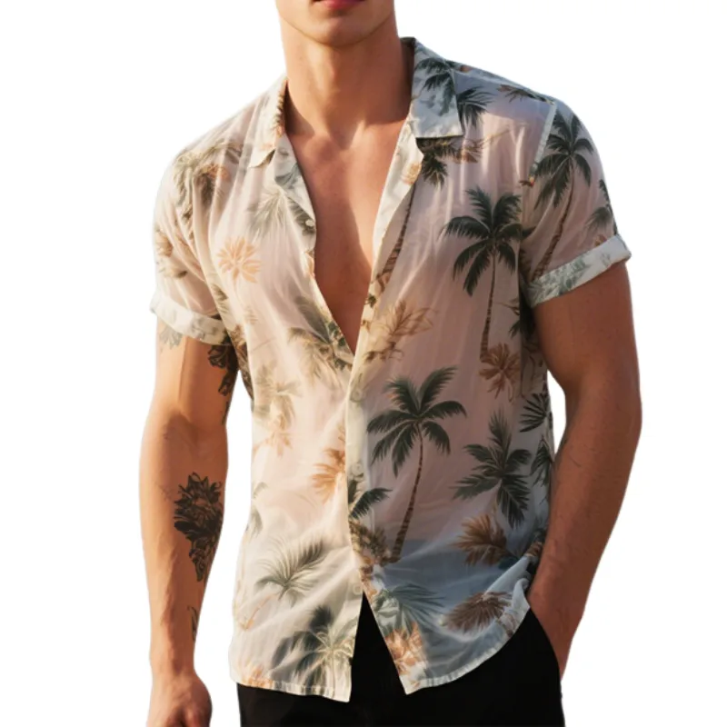 Men's Retro Casual Hawaiian Coconut Tree Printed Mesh Lapel Short Sleeve Shirt MTA2210E5TO sold by Manly