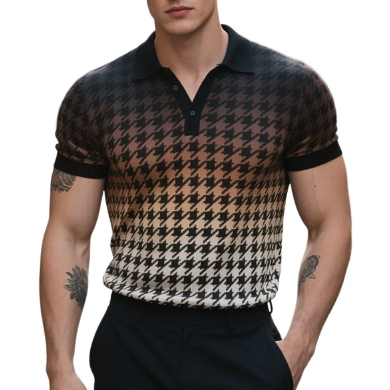 Men's Retro Casual Houndstooth Gradient Print Short-Sleeved Polo Shirt MTA2036E2TO sold by Manly