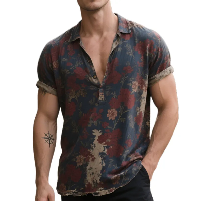 Men's Retro Casual Distressed Floral Print Lapel Short Sleeve Shirt MTA2150E5TO sold by Manly