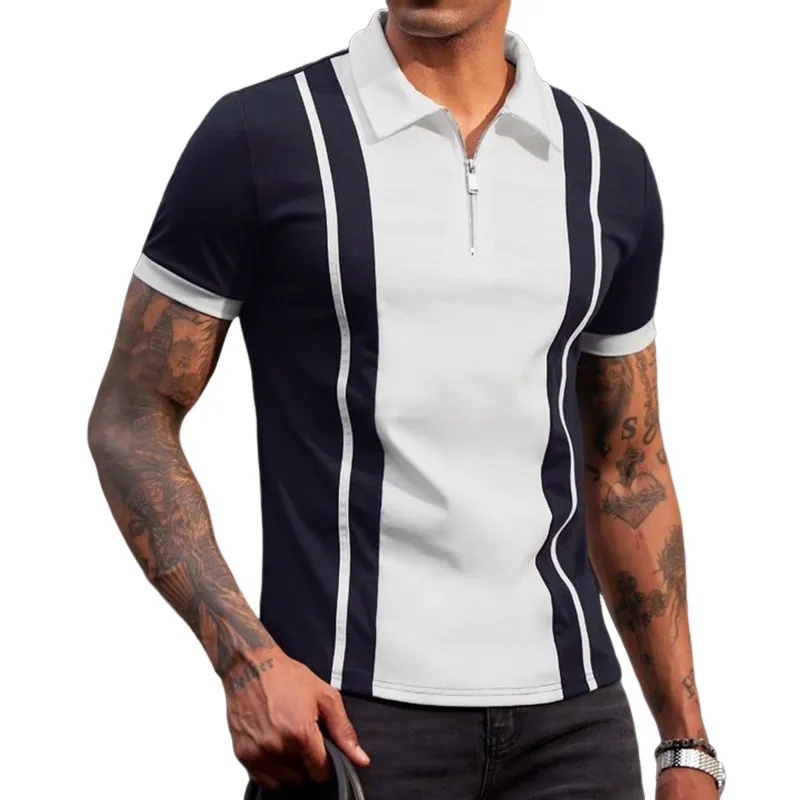 Men's Retro Casual Cotton Patchwork Zipper Short-Sleeved Polo Shirt MTA2253E4TO sold by Manly