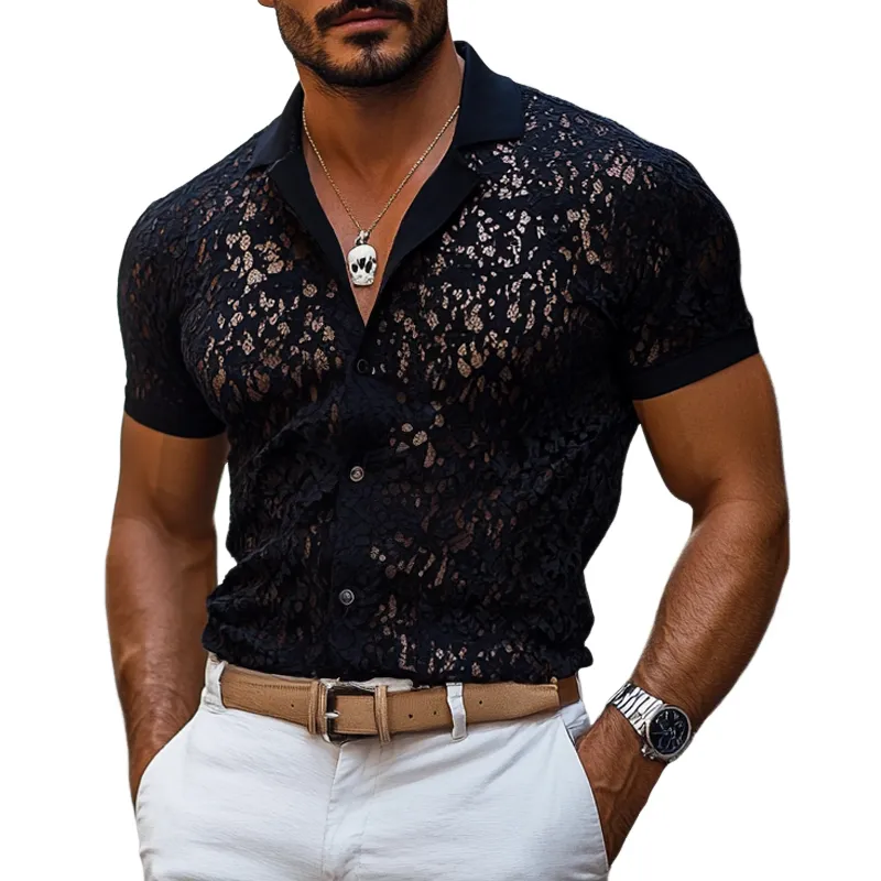 Men's Fashion Lace Cuban Collar Short Sleeve Single Breasted Shirt MTA2397E7Z sold by Manly