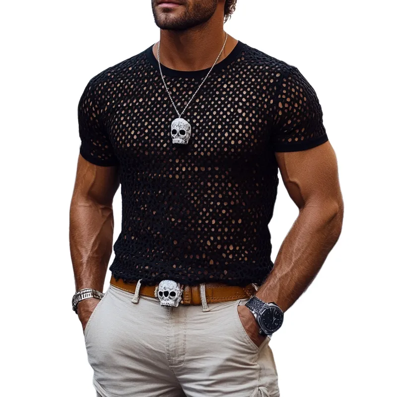 Men's Fashion Knit Hollow Out Round Neck Short Sleeve T-shirt MTA2333E3Z sold by Manly