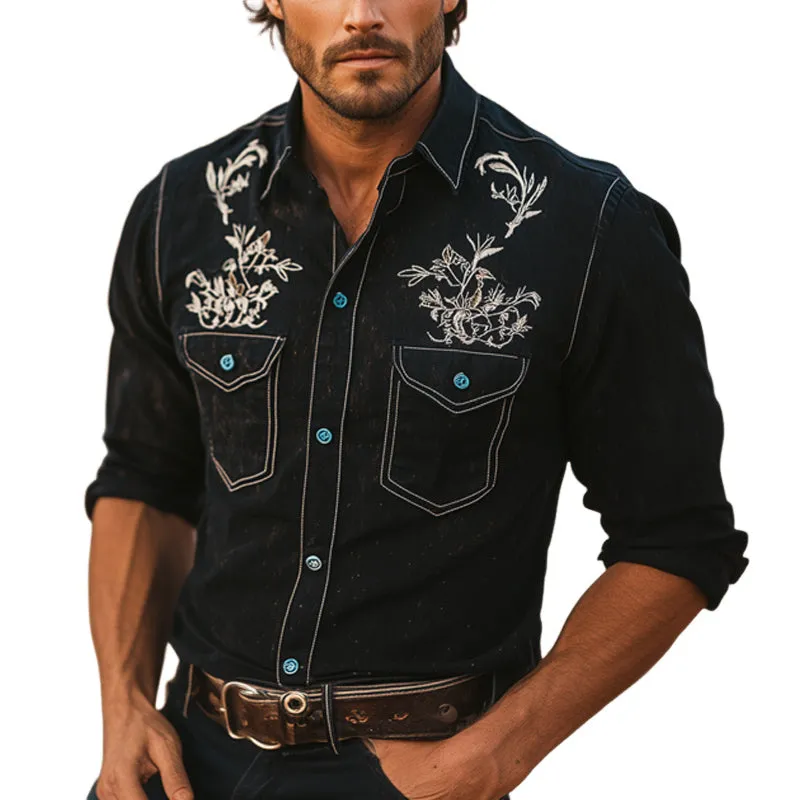 Men's Western Cowboy Style Silver Embroidered Long Sleeve Shirt MTA2121E0U sold by Manly