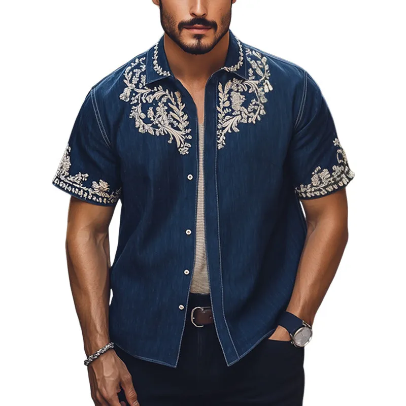 Men's Summer Silver Embroidered Lapel Denim Short Sleeve Shirt MTA2270E6U sold by Manly