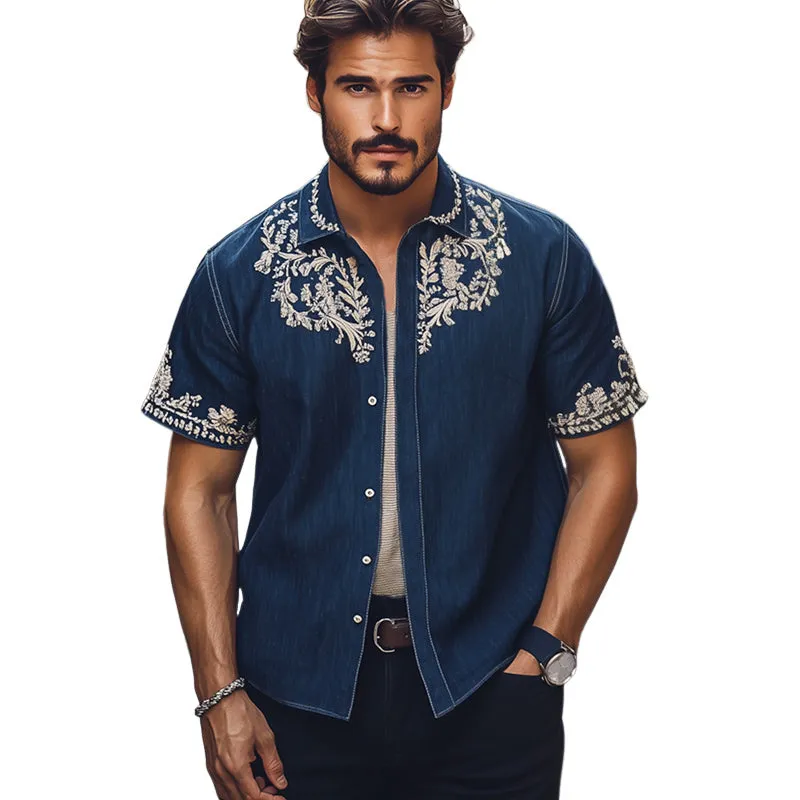 Men's Summer Silver Embroidered Lapel Denim Short Sleeve Shirt MTA2270E6U sold by Manly product image thumbnail 3