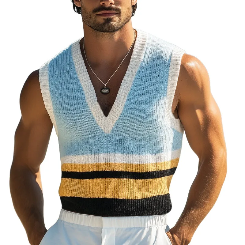 Men's Summer Fashion Colorblock Deep V-Neck Knitted Tank Top MTA2232E7U sold by Manly