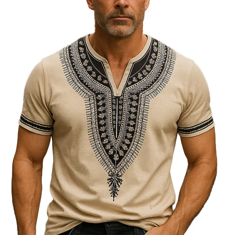 Men's Summer Ethnic Style Breathable And Comfortable Linen Printed Short-Sleeved T-Shirt MTA2397E7P sold by Manly
