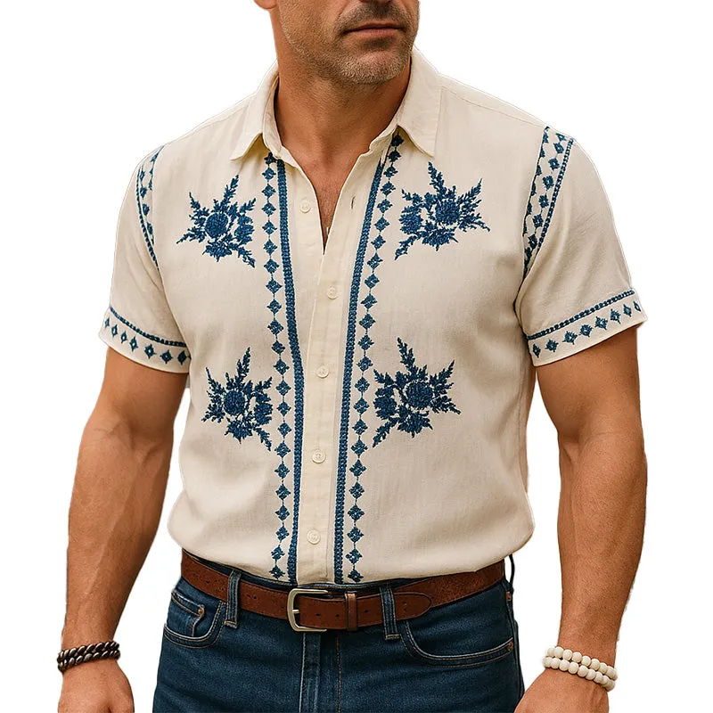 Men's Summer Western Cowboy Style Embroidered Thin Linen Short-Sleeved Shirt MTA2334E7P sold by Manly