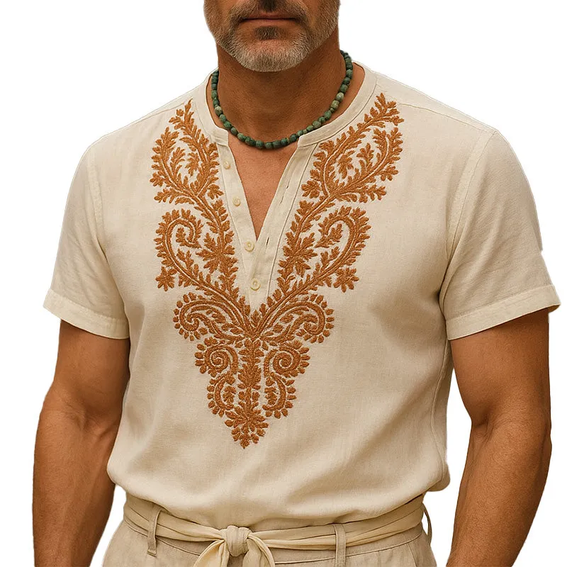 Men's Summer Western Cowboy Style Embroidered Thin Linen Short-Sleeved T-Shirt MTA2392E1P sold by Manly