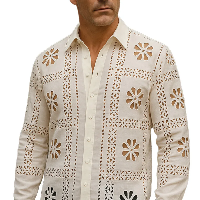 Men's Summer Simple Hollow Carved Cotton Blended Long Sleeve Shirt MTA2330E3P sold by Manly